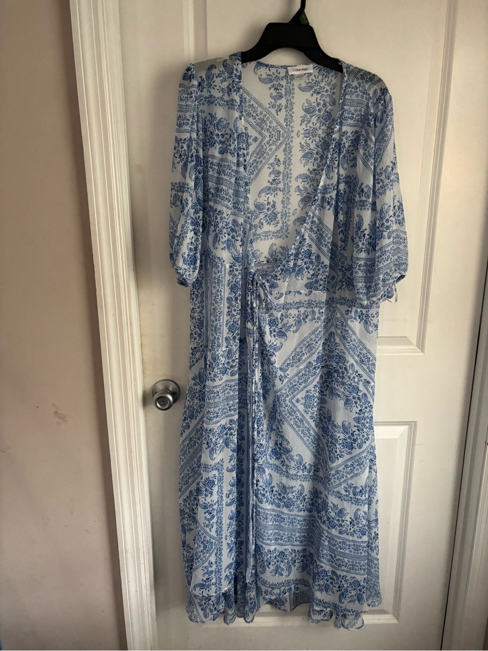 Calvin Klein Light Blue & White Printed Wrap Maxi Dress
